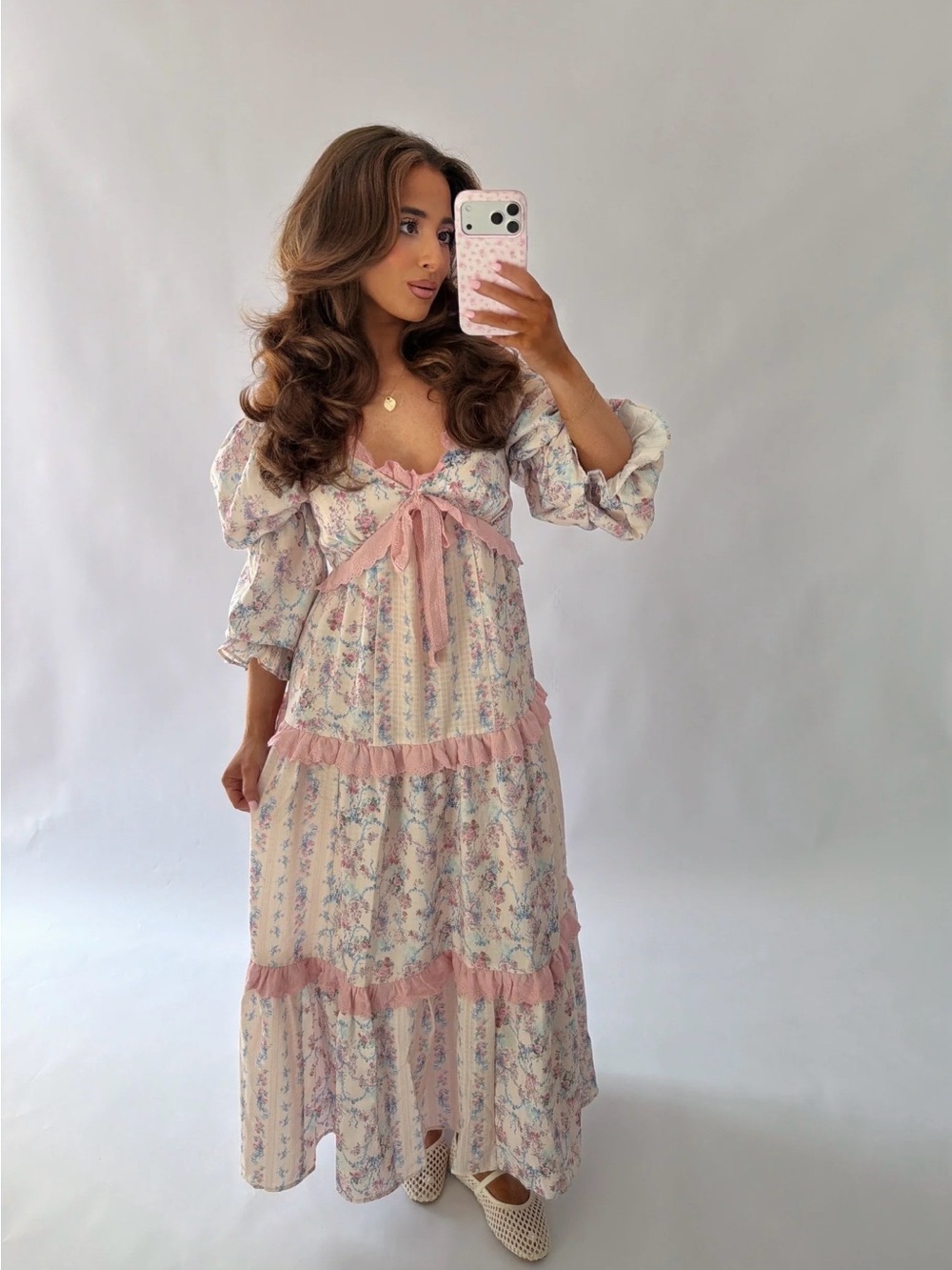 Romantic Pink Floral Tiered Maxi Dress with Bow Detail